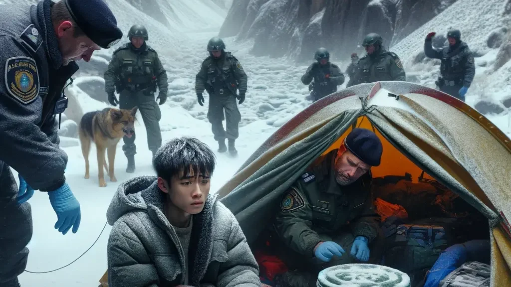 A Chinese teenage exchange student, looking relieved and cold, is found by police in a remote, snowy canyon. The scene depicts the moment of rescue.