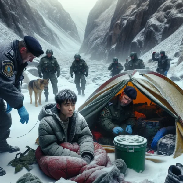 A Chinese teenage exchange student, looking relieved and cold, is found by police in a remote, snowy canyon. The scene depicts the moment of rescue.